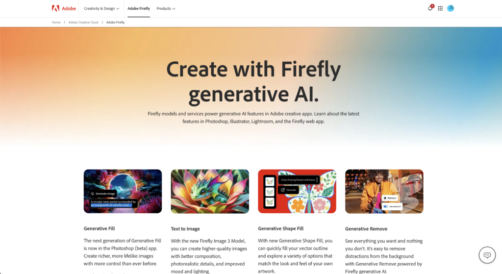 Adobe Firefly landing page. An AI tool that incorporates generative AI images into existing adobe applications